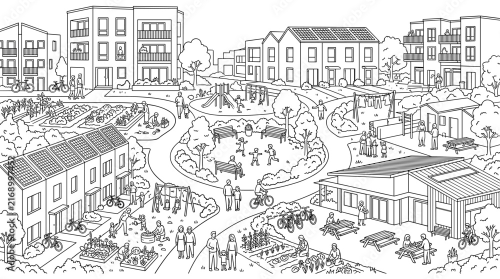 Fototapeta premium Sustainable urban community line art with people and green spaces