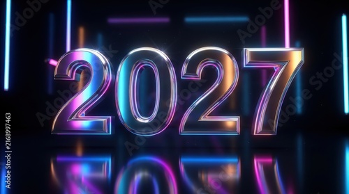 Futuristic 2027 year number with neon lights and reflections