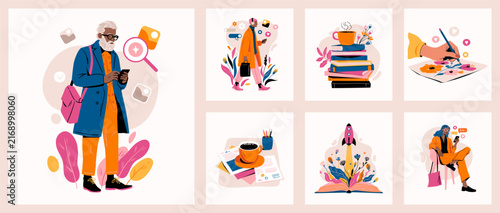 Search, reading, coffee break and creative work scenes, flat cartoon characters in coral palette. Vector set