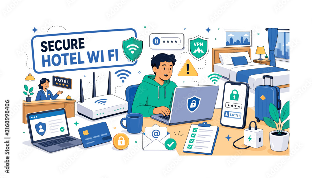 Fototapeta premium Hotel Wi Fi Safety. A clean editorial banner showing a traveler securing an oversized hotel Wi-Fi router and laptop, with a smartphone lock, VPN shield, password, hotel room, warning sign, credit