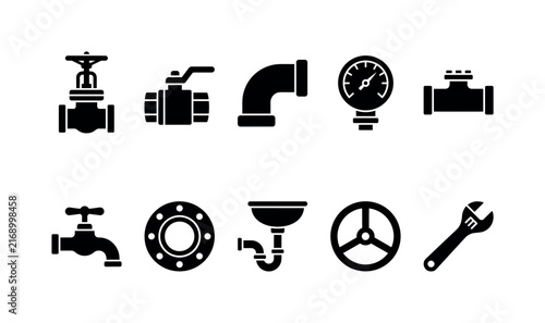 Industrial Valve Pipeline, solid glyph icon set featuring gate valve, ball valve, pipeline elbow, pressure gauge, gas pipe, faucet valve, flange, drain pipe, control wheel and engineering wrench,