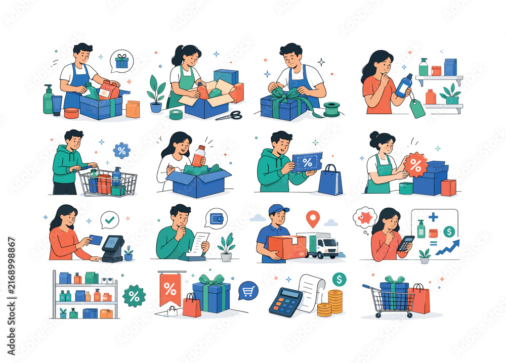 Fototapeta premium Bundle Deal Promotion. Product combinations, gift boxes, ribbons, pricing, carts, coupons, discounts, receipts, payments, delivery, shelves, and savings calculations. 12 minimalist editorial vector