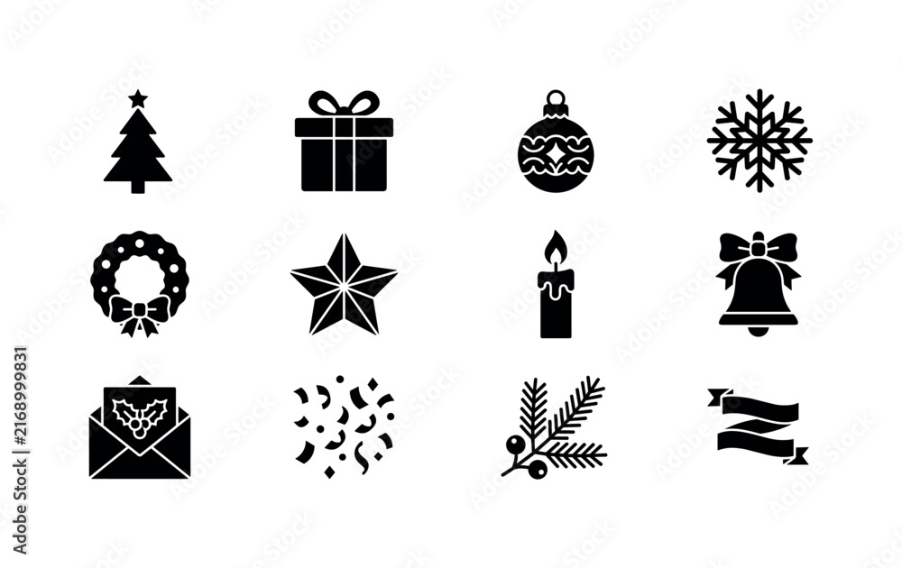 Fototapeta premium Colorful Holiday Decor, solid glyph icon set featuring Christmas tree, gift box, ornament, snowflake, wreath, star, candle, festive bell, greeting envelope, party confetti, winter branch, and ribbon,