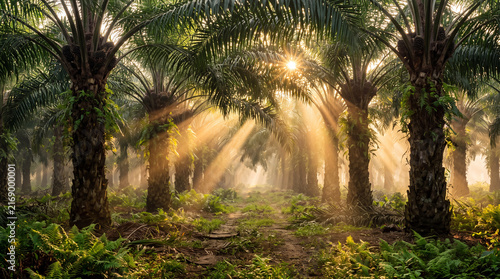 Beautiful morning sunbeams breaking through the lush green canopy of an oil palm plantation with misty atmosphere.