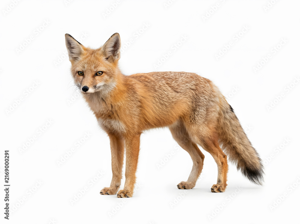 Fototapeta premium Red fox standing alert in white studio background for wildlife conservation and nature themes