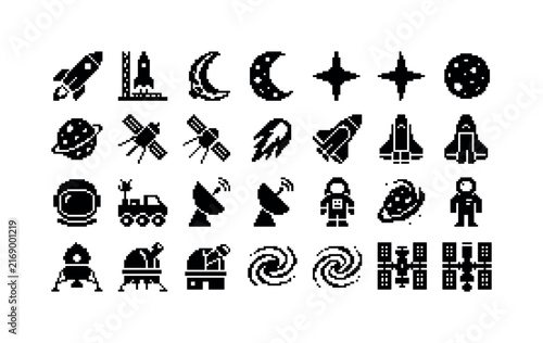 Pixel Rocket Space, solid glyph icon set featuring rocket, launch pad, moon, star, planet, satellite, flame, spacecraft and space helmet, covering retro pixel art, space exploration, aerospace and