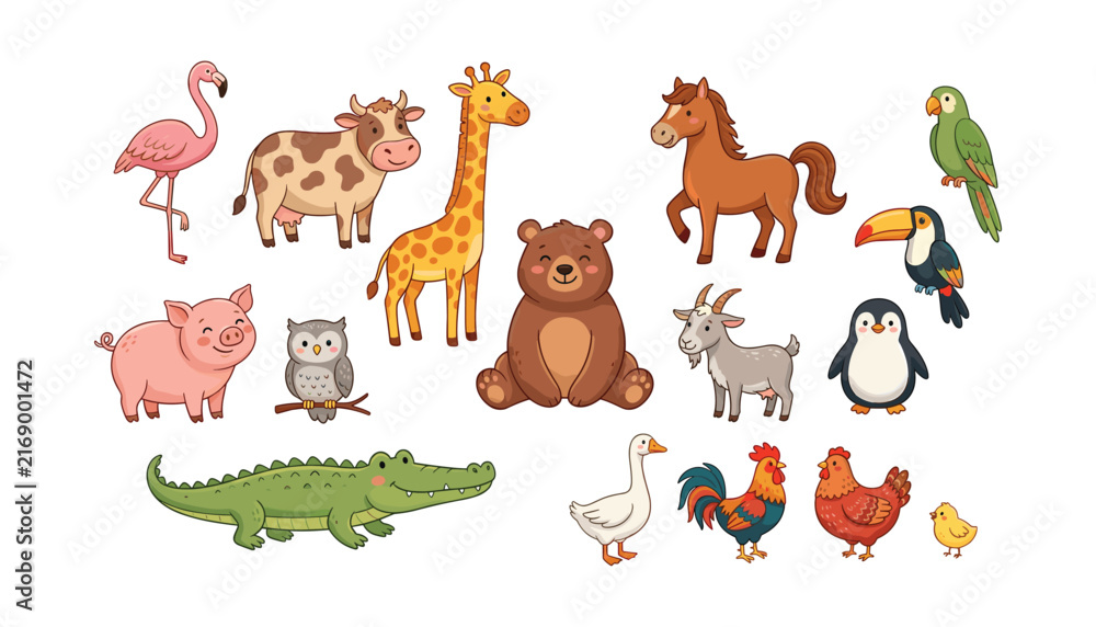 Obraz premium Cute animal vector illustration collection with wild safari and farm animals for nursery stickers kids design and education
