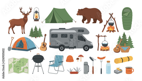 Konstfotografi Camping and camper van vector elements set featuring tents campervan motorhome w