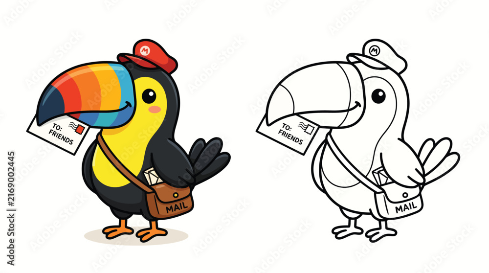 Fototapeta premium Cute Toucan Postman Character Illustration with Colorful Design and Black and White Line Art Coloring Page Version for Kids