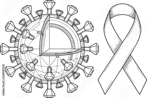 Coronavirus cell structure and awareness ribbon aids day