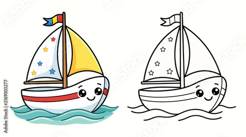 Cute cartoon sailboat coloring page vector illustration with colored example, adorable ship character on water waves for children activity