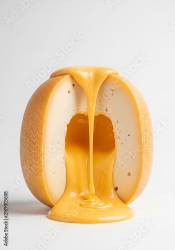 Premium cheese wheel cut open to show a luminous golden fondue core. Rich molten liquid flows elegantly on a minimalist white background shot, warm, still life, clean