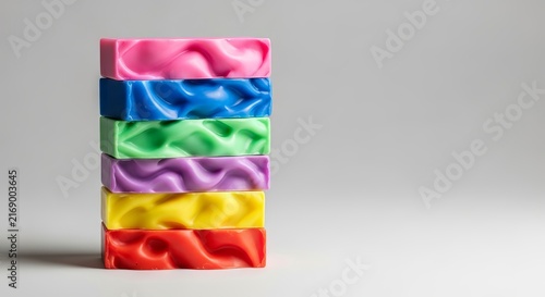 Premium stacked soap bars with a wavy organic texture fitting seamlessly together in a minimalist composition over a soft gray background, luxury, design, spa