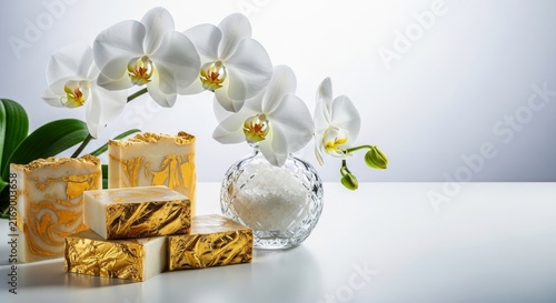 Premium product display with white orchids, gold-leaf marbled soaps, and a clear crystal salt jar against a bright, clean background, serene, soap, flower