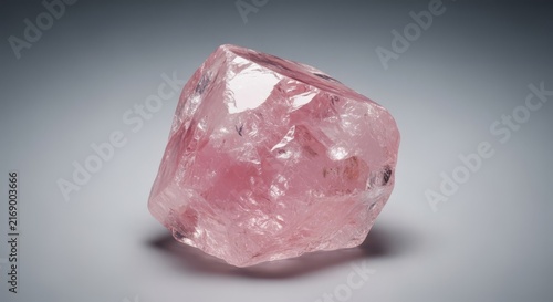 Premium studio shot of a massive rose quartz gemstone featuring sharp raw facets against a minimalist soft gray backdrop with soft lighting, stillness, lighting, surface