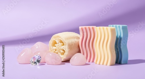 Premium wellness composition with an organic loofah, rose quartz gems, and artisan wavy soaps against a soft lavender minimal background, bath, body care, photography
