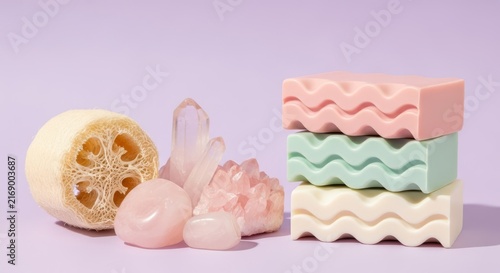 Premium wellness composition with an organic loofah, rose quartz gems, and artisan wavy soaps against a soft lavender minimal background, gem, relaxation, spa