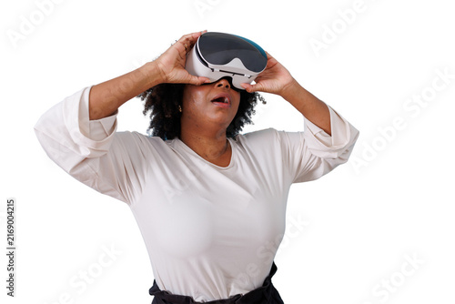 Canvastavla Woman experiencing virtual reality metaverse, wearing vr headset goggles, reachi
