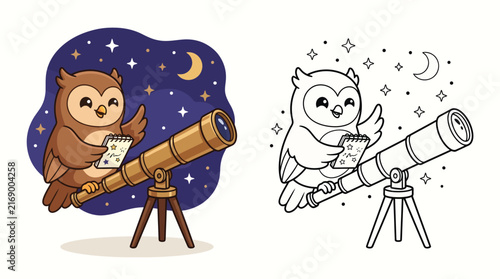 Cute owl astronomer using a telescope under a starry night sky, whimsical science and space illustration paired with black and white coloring art