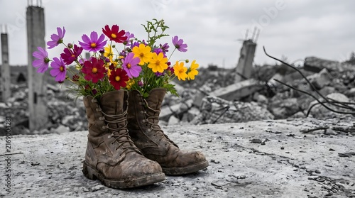Colorful flowers growing out of old military combat boots amidst the ruins of a war-torn city representing hope, rebirth, and peace in a devastated landscape