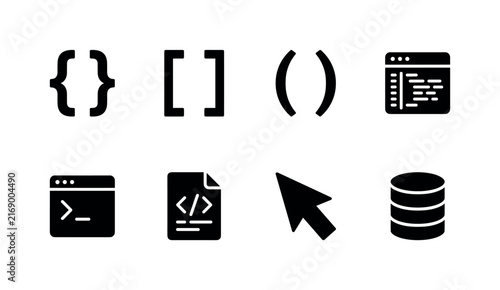 Brackets Coding Symbols, solid glyph icon set featuring curly braces, square brackets, parentheses, code window, terminal, document, cursor, database, covering brackets, coding syntax, typography