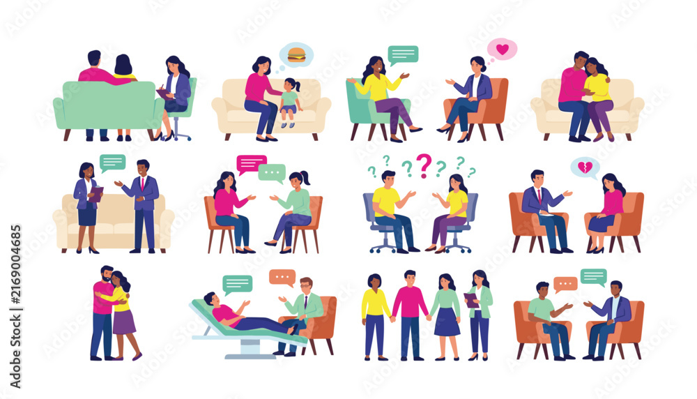 Fototapeta premium Psychology therapy session vector character set featuring couples family counseling child consultation and mental health support illustrations