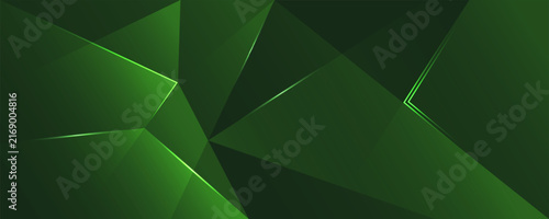 Abstract dark green geometric low poly background with glowing sharp lines for tech banner.