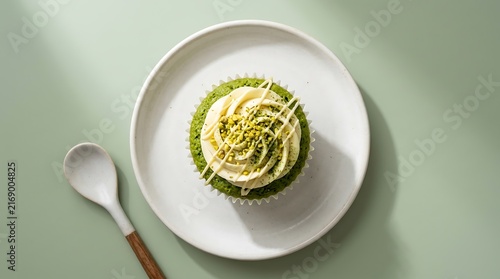 Delicious matcha cupcake with cream frosting on white plate