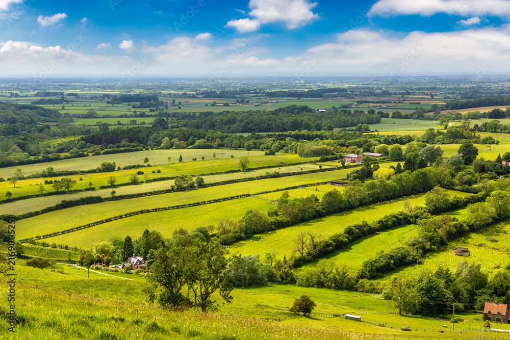 Naklejka premium Panoramic Rural Landscape with Village and Fields in Yorkshire, England, UK