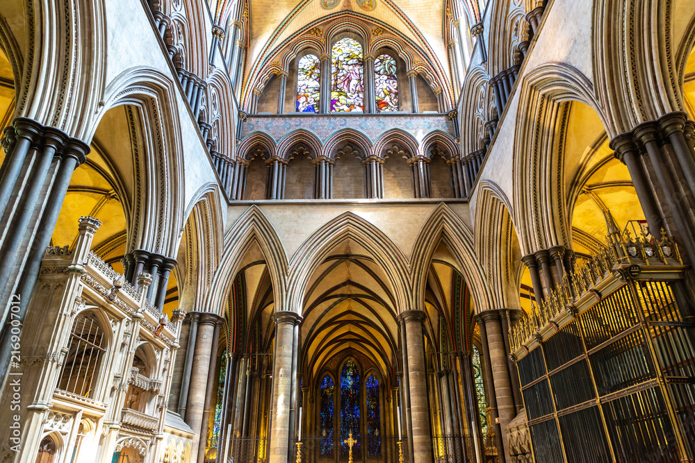 Fototapeta premium Indoor view of Salisbury Cathedral interior with Gothic Vaulted Ceiling in Salisbury, England, UK