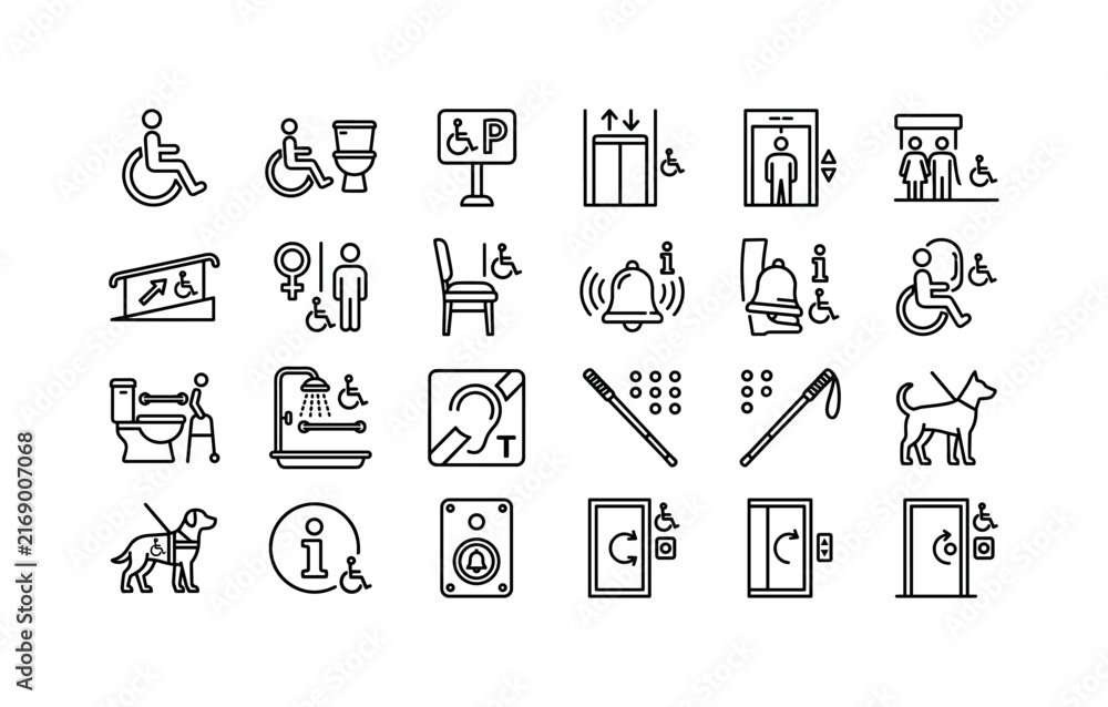 Fototapeta premium Accessible Facility Signs, line icon set featuring wheelchair symbol, accessible toilet, parking sign, elevator, ramp, restroom, reserved seat and assistance bell, covering disability access, public