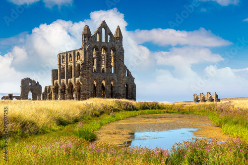 Historic medieval Whitby Abbey Ruins Reflected in Pond in Whitby, England, UK