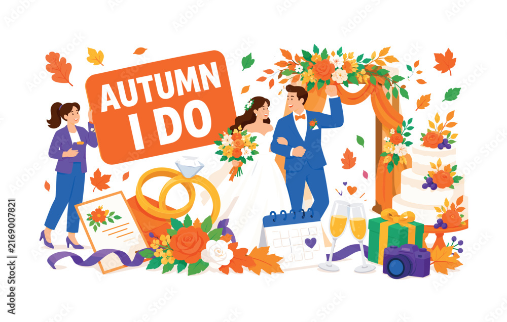 Fototapeta premium Fall Wedding Season lively banner scene with a bride, groom and planner celebrating around an oversized ceremony arch and giant wedding rings, bouquet and cake extending toward opposite edges,