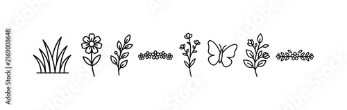 Wildflower Meadow Border, line icon set featuring grass tuft, wildflower, leaf sprig, blossom row, meadow stem, butterfly, botanical branch and floral divider, covering spring fields, summer banners,