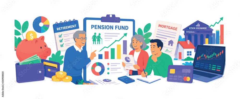 Fototapeta premium Retirement Finance Future, bright colorful flat vector banner, 3 expressive planners reviewing an oversized pension fund and growth chart, supporting piggy bank, savings wallet, mortgage document,