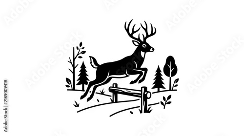 Deer jumping fence forest silhouette nature graphic