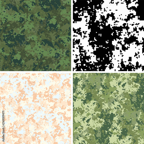 Four seamless camouflage swatches feature green, coal, alabaster, sage palettes plus fragmented organic marks, shadowed pack suits apparel, wallpapers, packaging, branding, textiles, covers, graphics.
