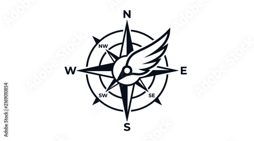 Compass symbol with winged emblem and cardinal directions