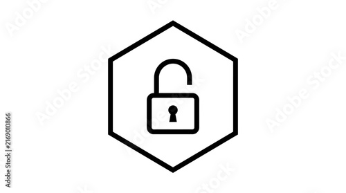 Open padlock symbol inside hexagon outline