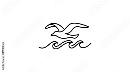 Seagull flying over ocean waves minimalist line art