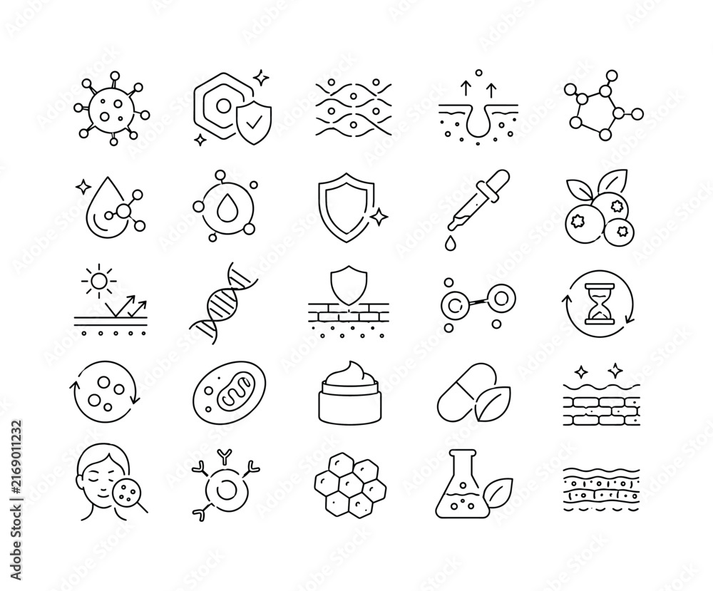 Fototapeta premium Antioxidant Skin Science, line icon set of 20 clean outline icons featuring free radical, cell protection, collagen mesh, skin detox, molecular structure, vitamin, shield, serum pipette, blueberry, UV