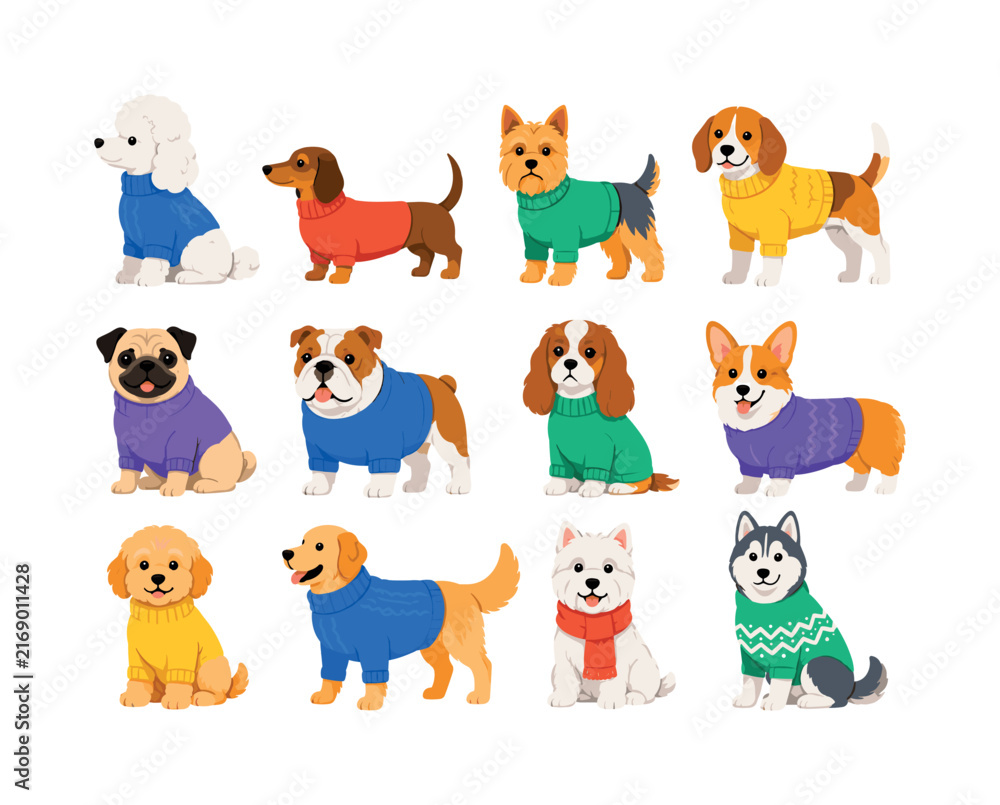 Obraz premium Sweater Dog Collection — bright flat vector icon set of 12 isolated dog characters including poodle, dachshund, terrier, beagle, pug, bulldog, spaniel, corgi, seated puppy, standing dog, scarf dog,