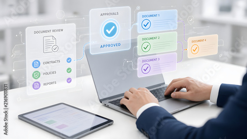 Businessman reviewing document approval process with automated workflow management, legal compliance, and digital business operations.
