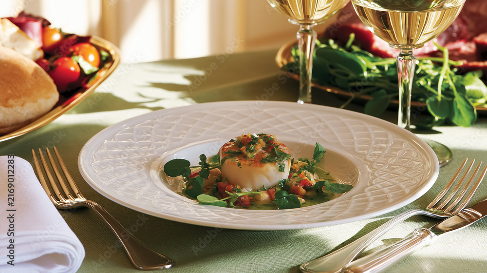 Fototapeta premium Seared scallop served as an appetizer, garnished with fresh herbs and vegetables, creating a delicious gourmet seafood dish