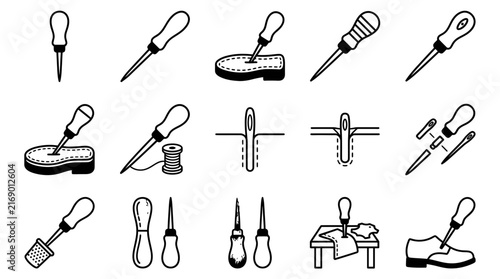 Cobbler shoemaking tool icons set including awls, needles, and leather stitching equipment
