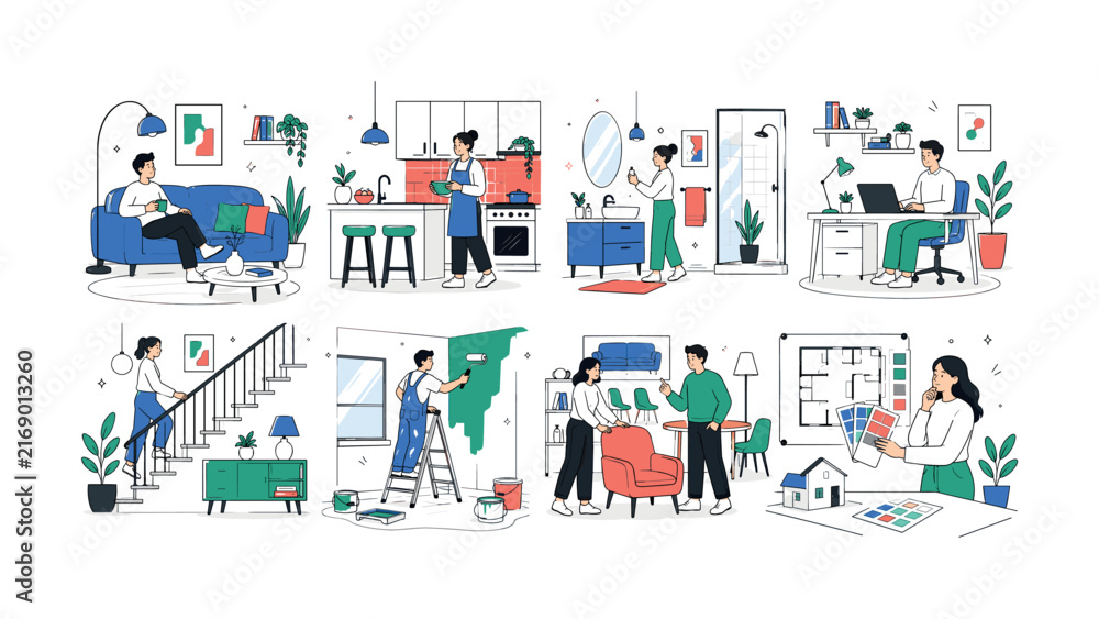 Naklejka premium Home Interior Design, clean editorial illustration set, 8 mini scenes showing living room, kitchen, bathroom, office, staircase, renovation, furniture selection and color planning, each with 1–2