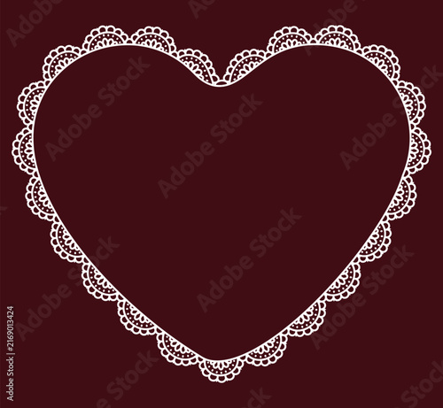 White bold eyelet scallop lace heart border with broderie anglaise perforated cutwork trim encloses romantic center. on burgundy as classic vintage frame for wedding valentine invitations or labels.