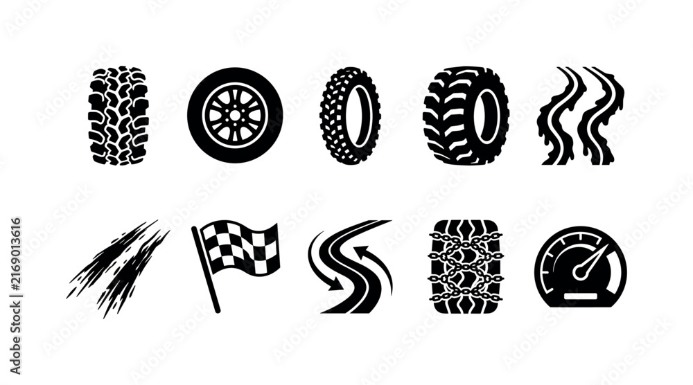 Obraz premium Off Road Tire Tracks, solid glyph icon set featuring tire tread, wheel, motorcycle tire, truck tire, muddy track, skid mark, rally flag, road curve, traction chain, and speedometer, covering