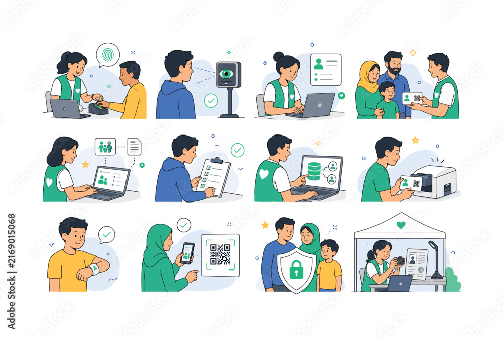 Fototapeta premium Biometric Aid Registration. Humanitarian enrollment, fingerprints, iris scans, laptops, beneficiary cards, family profiles, databases, printing, wristbands, QR codes, privacy, tents, cameras, and