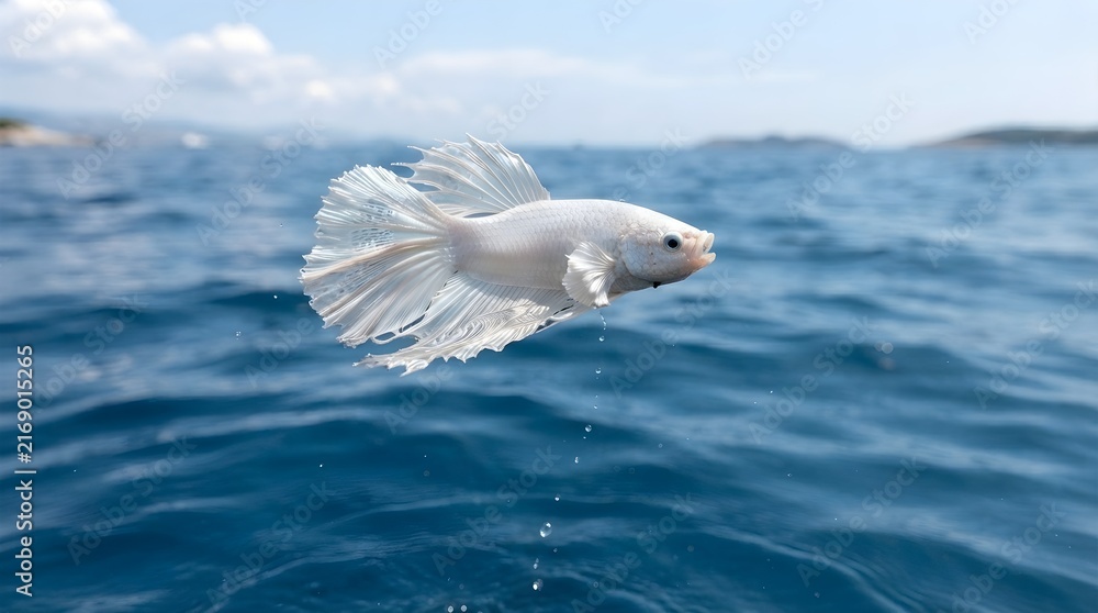 Obraz premium A stunning pure white betta fish leaps gracefully above deep blue ocean waves under a bright partly cloudy sky, creating a magical and serene aquatic moment.